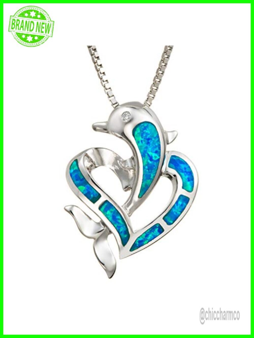 Sterling Silver Created Blue Opal Dolphin Heart Necklace Pendant 18 Inch